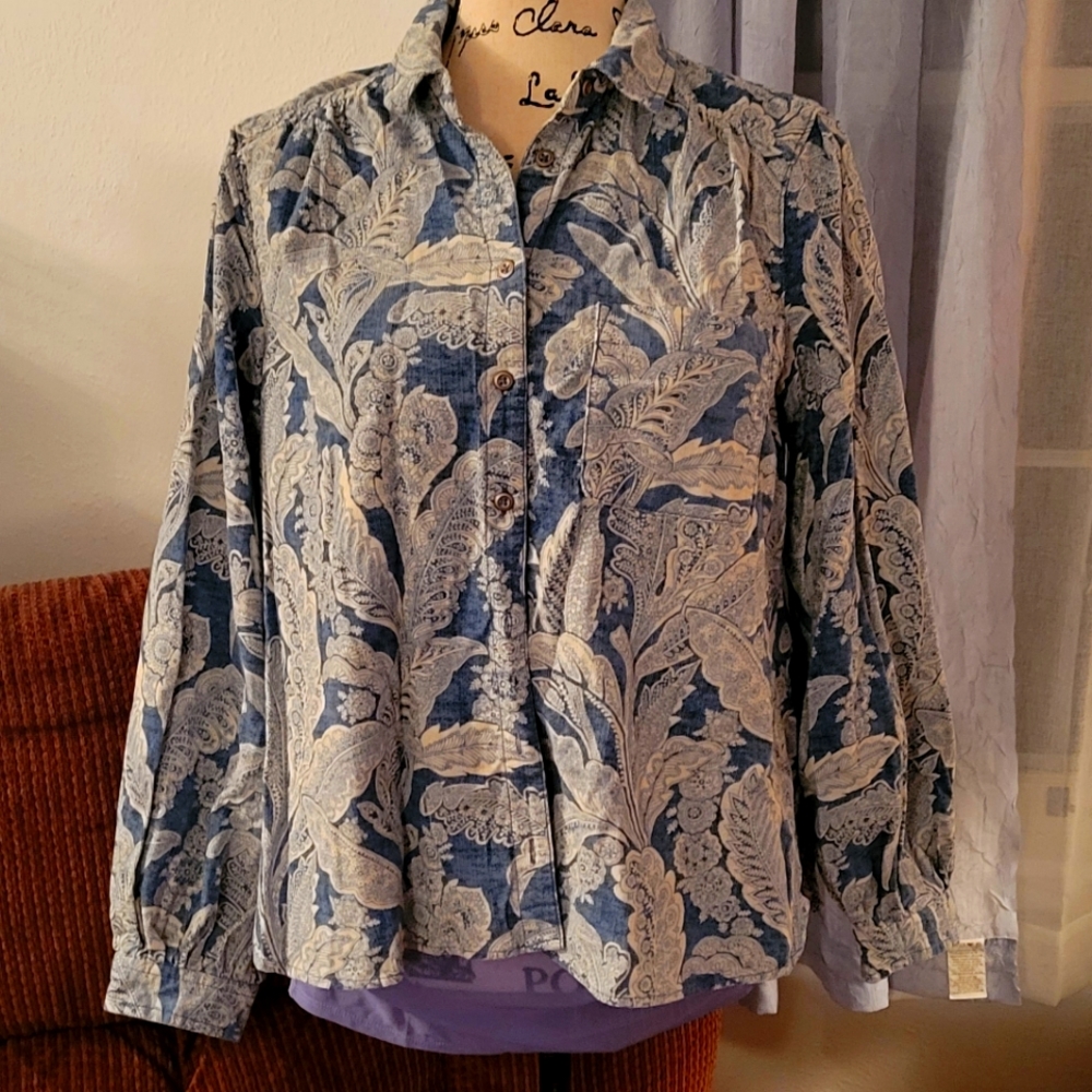 Anthropologie Corduroy Print Blue and White Small Top